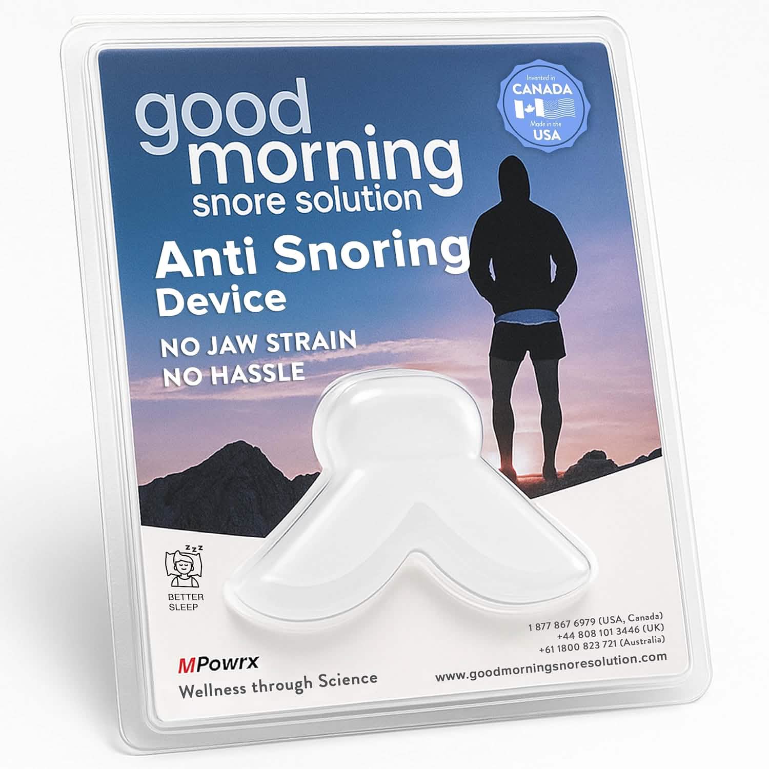 Good Morning Snore Solution tongue-retaining mouthpiece in packaging