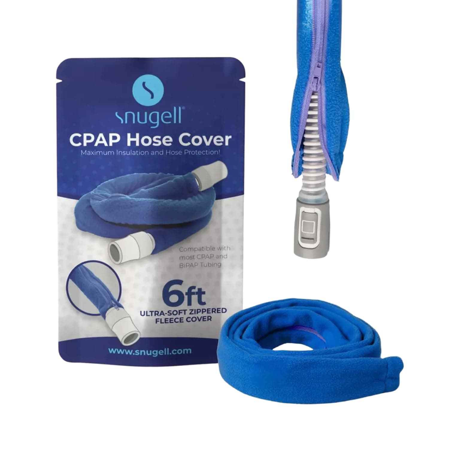 Snugell CPAP hose cover — 6-foot blue fleece tubing wrap with zipper