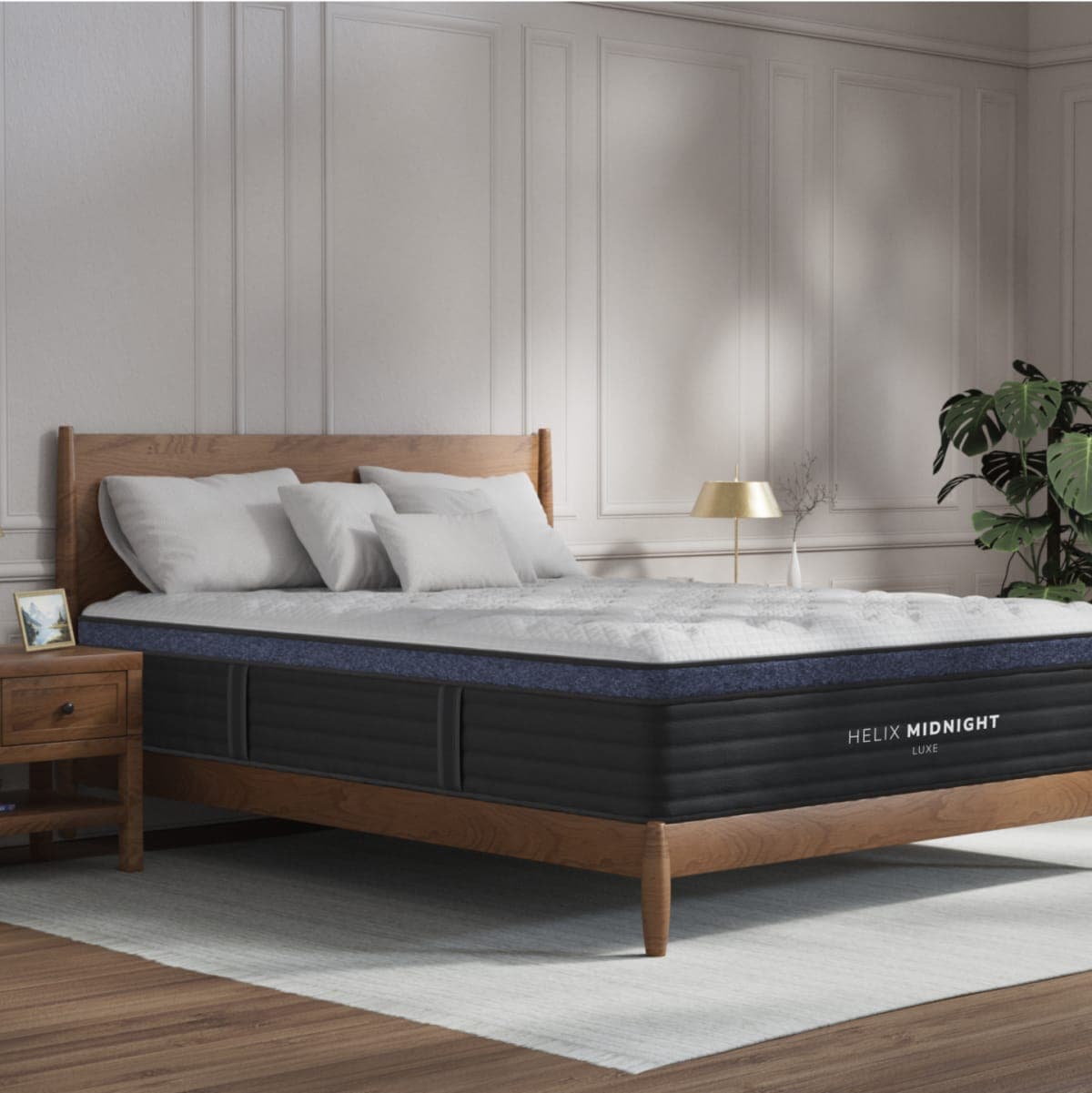 Helix Midnight Luxe hybrid mattress in a minimalist bedroom