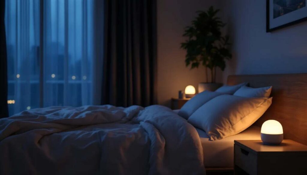 A peaceful bedroom at night featuring a cozy bed with soft pillows and blankets. A white noise machine emits a soft glow from the nightstand, creating a serene ambiance. The room is dimly lit with warm lighting, and blackout curtains cover the window, enhancing the sense of calm. The atmosphere feels quiet and tranquil, perfect for a restful night's sleep.