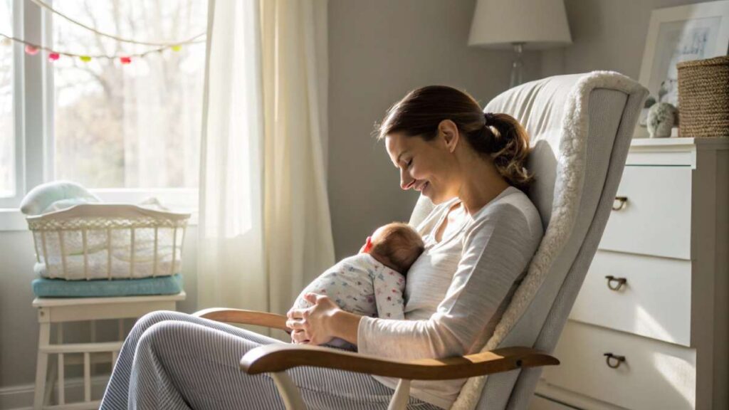 peaceful-new-mother-dozing-with-newborn-in-nursery