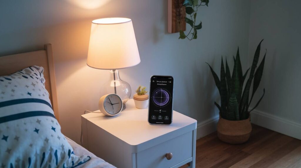 The Role of Technology-tracking_app_displayed,_alongside_dimmed_lights_and_minimal_tech_gadgets_in_a_bedroom.